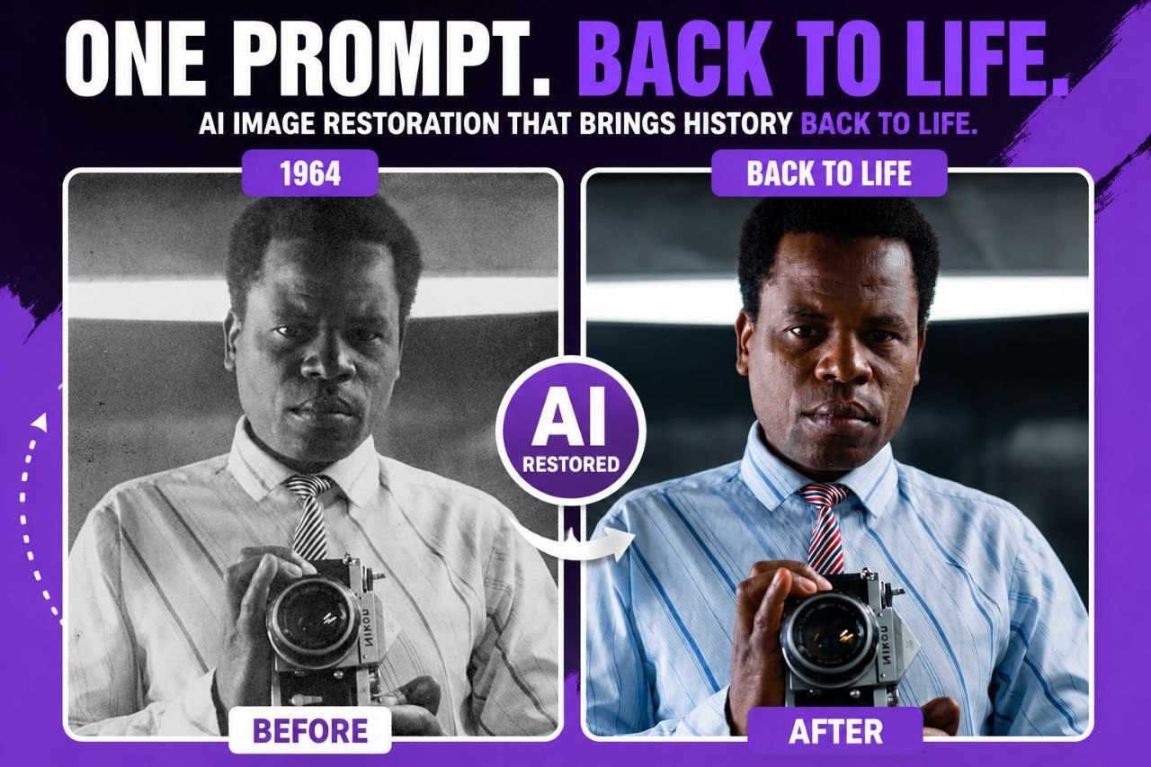 AI photo restoration example — one prompt